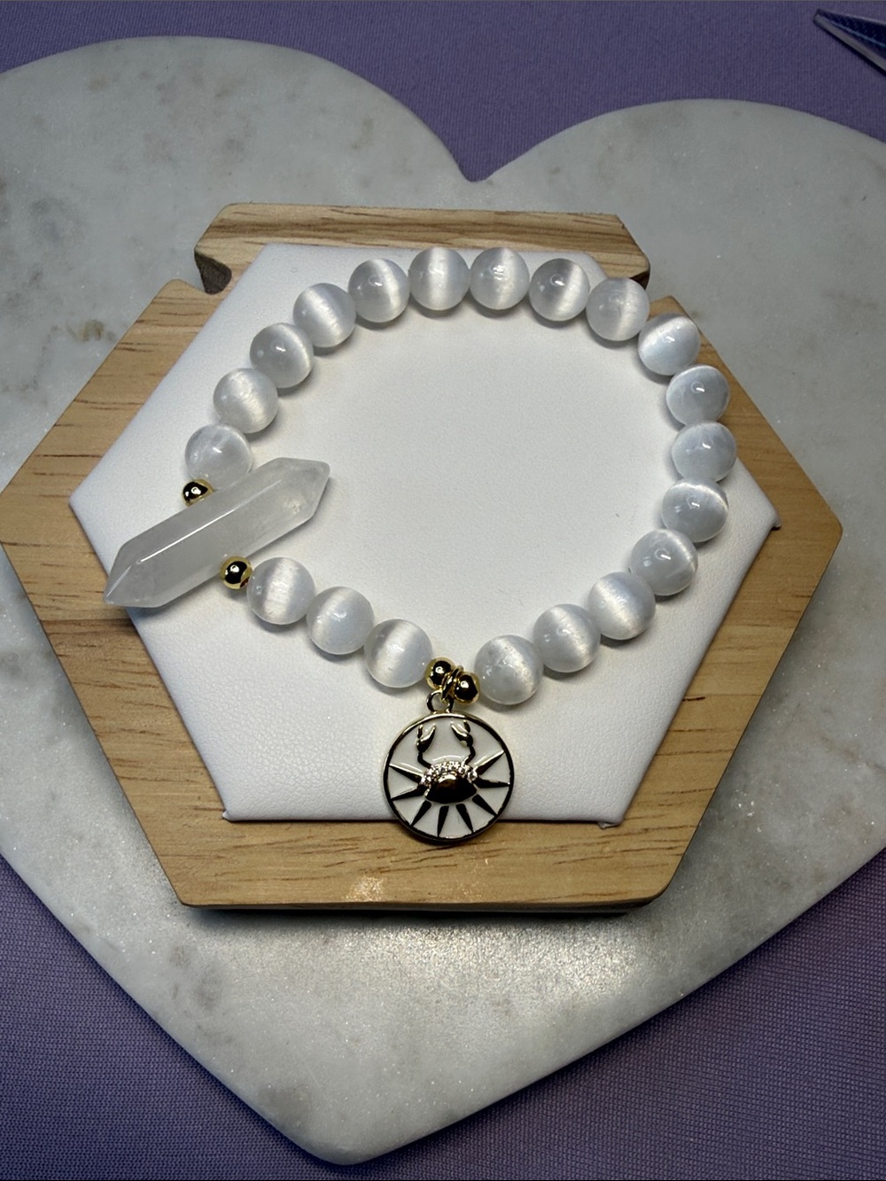 White Selenite Cancer Zodiac  Bracelet with Clear Quartz Point